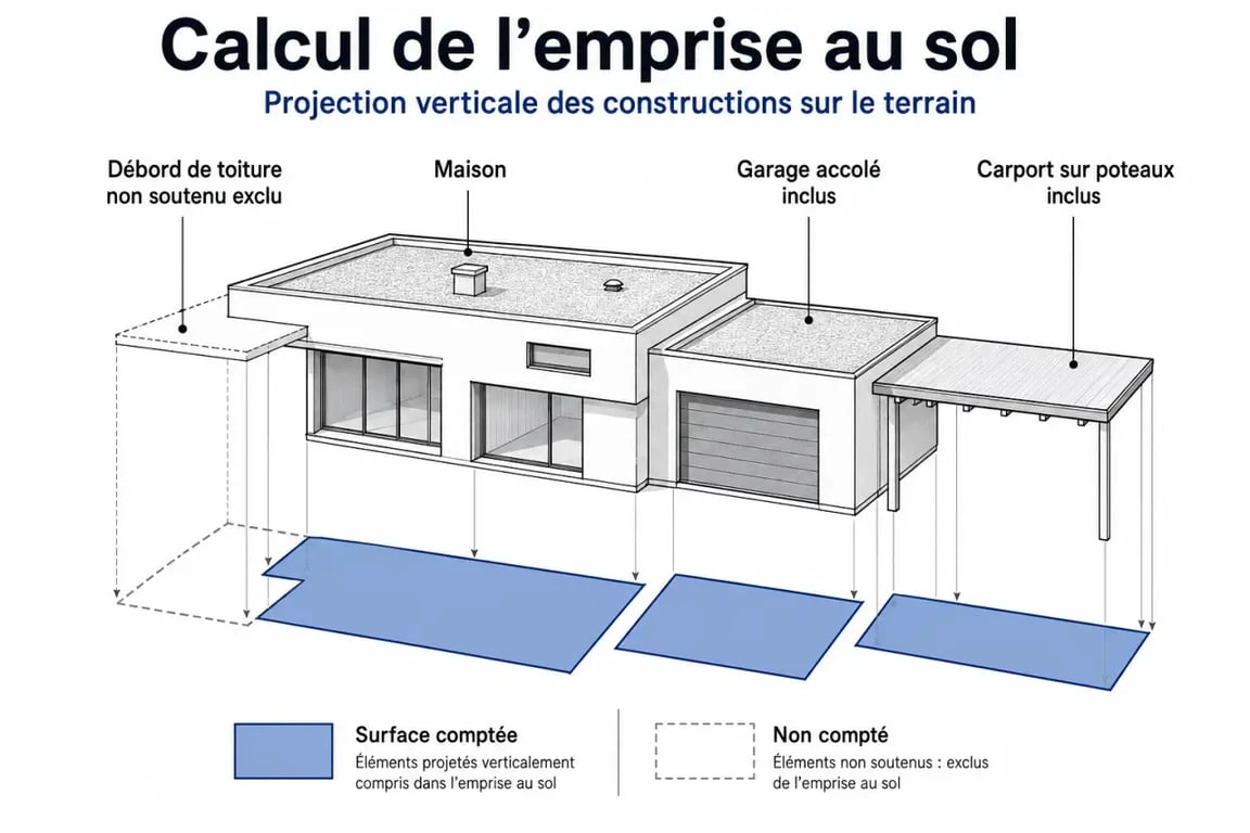 Calcul emprise au sol : schéma de projection verticale d’une maison et de ses débords sur la parcelle