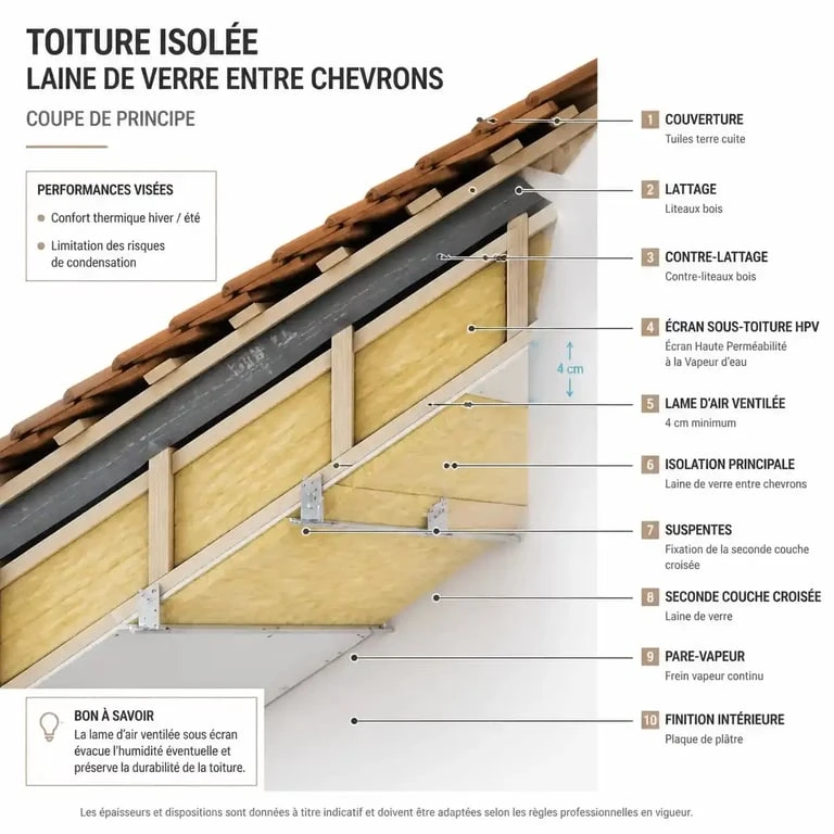 Schéma technique de l'isolation en laine de verre entre chevrons avec lame d'air et double couche