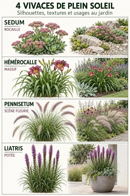 Infographie de quatre vivaces plein soleil : sedum, hémérocalle, pennisetum et liatris