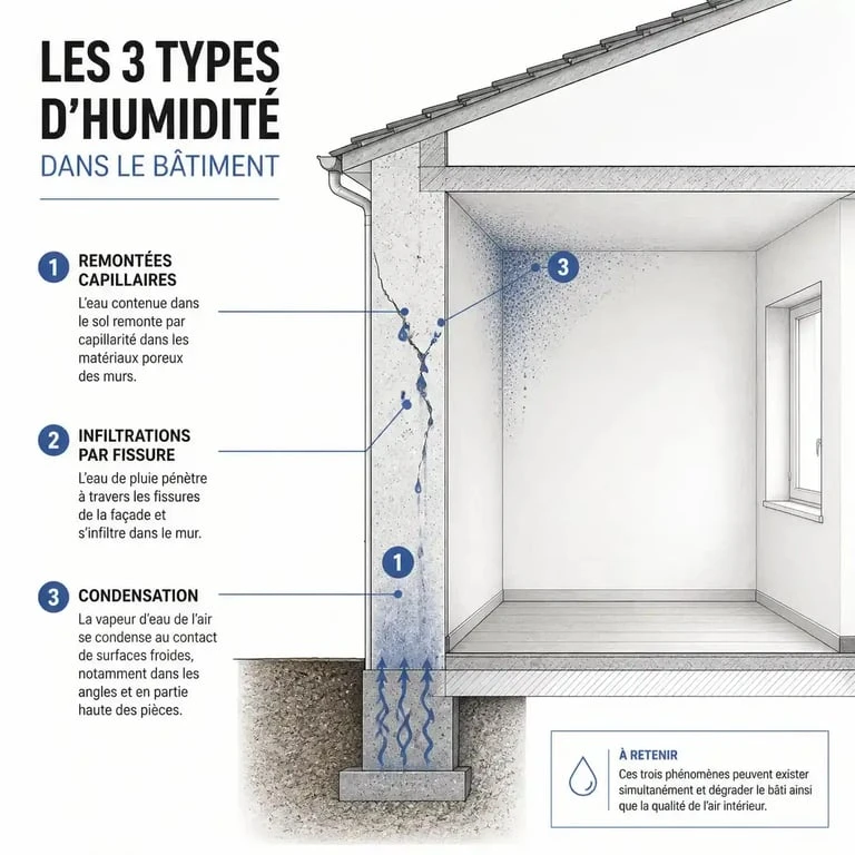 Traitement des murs humides : 3 méthodes pour stopper les infiltrations et remontées capillaires 2 Schéma explicatif des causes de l'humidité dans un mur : remontées capillaires, infiltrations et condensation pour le traitement mur humide