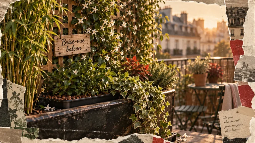 Plantes brise vue sur balcon : jardinière, Fargesia et jasmin contre vis-à-vis