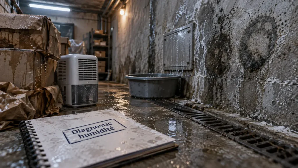 Traitement humidité cave : mur humide, déshumidificateur, eau et auréoles de condensation