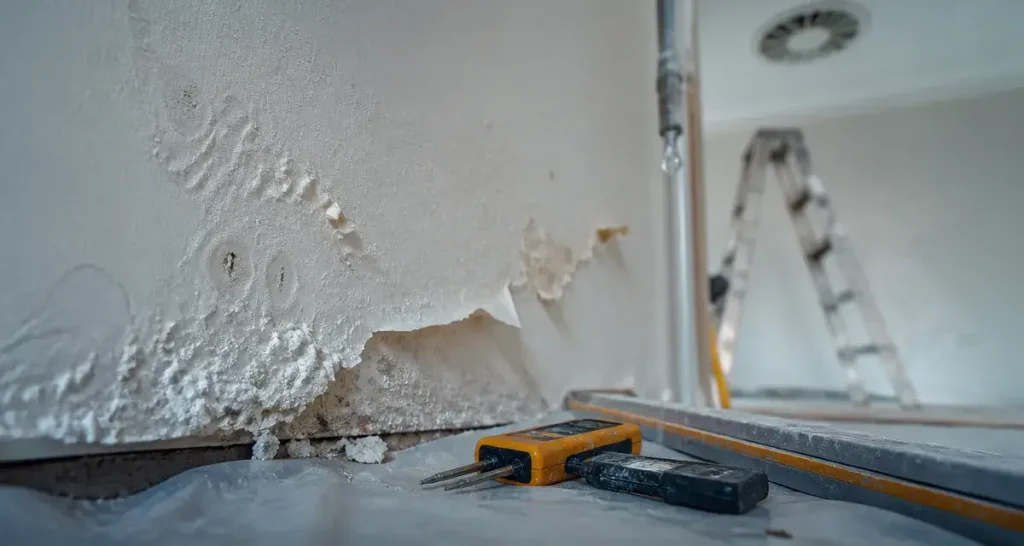 Traitement mur humide : humidimètre sur mur avec salpêtre et traces d’humidité