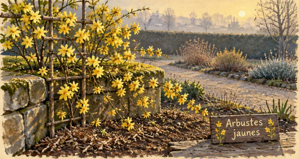 Arbuste fleur jaune : jasmin d’hiver guidé sur treillis