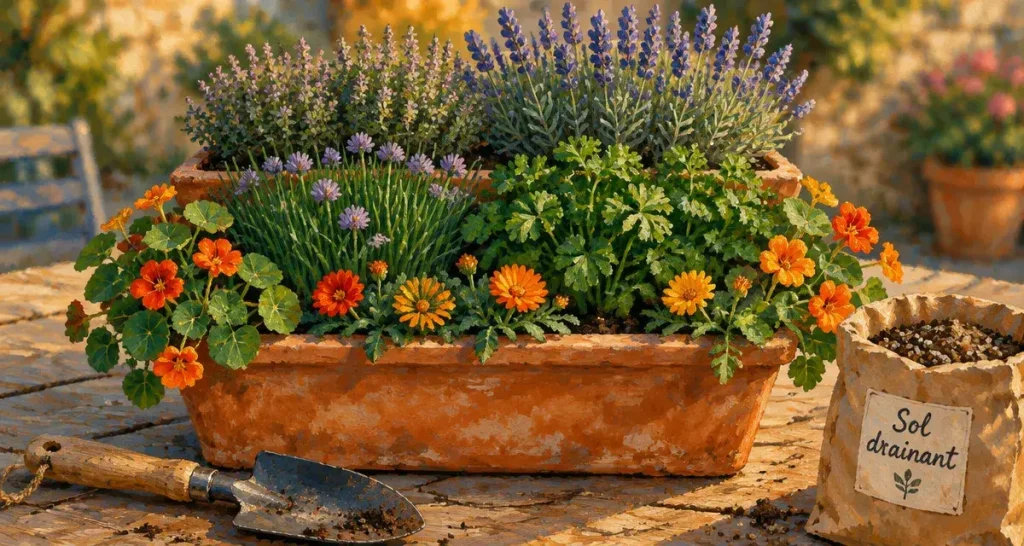 Association plantes aromatiques et fleurs : thym lavande, ciboulette, persil, capucines, souci selon soleil, eau, sol