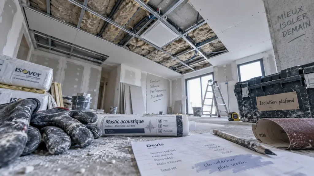 Faux plafond isolant en chantier : ossature et isolant pour isolation plafond