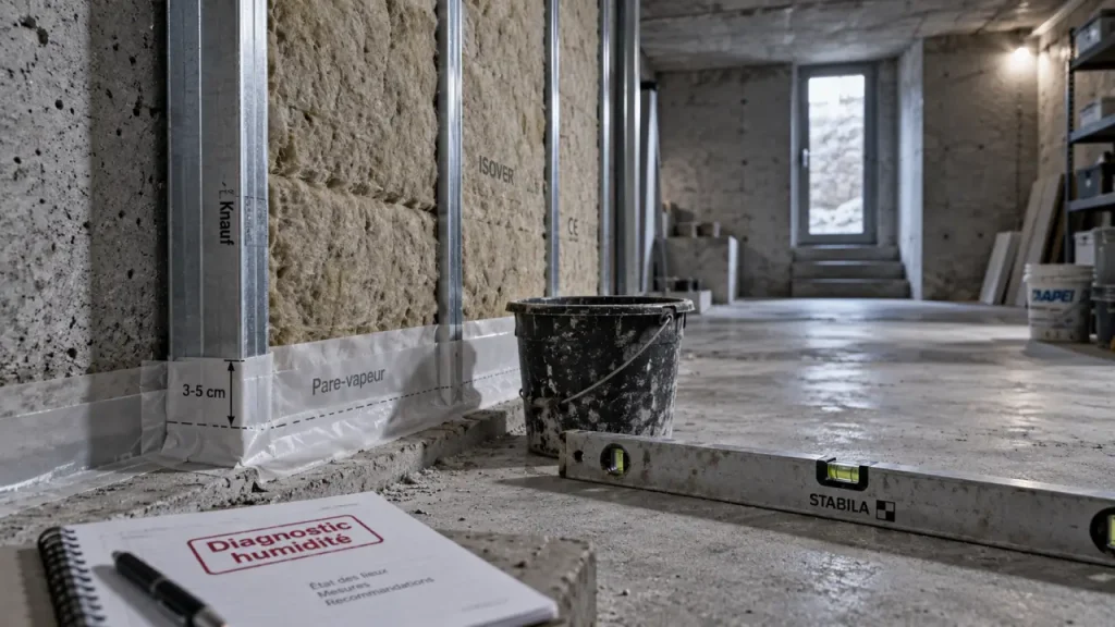 Isoler le sous sol après diagnostic humidité, ossature et isolant contre mur enterré