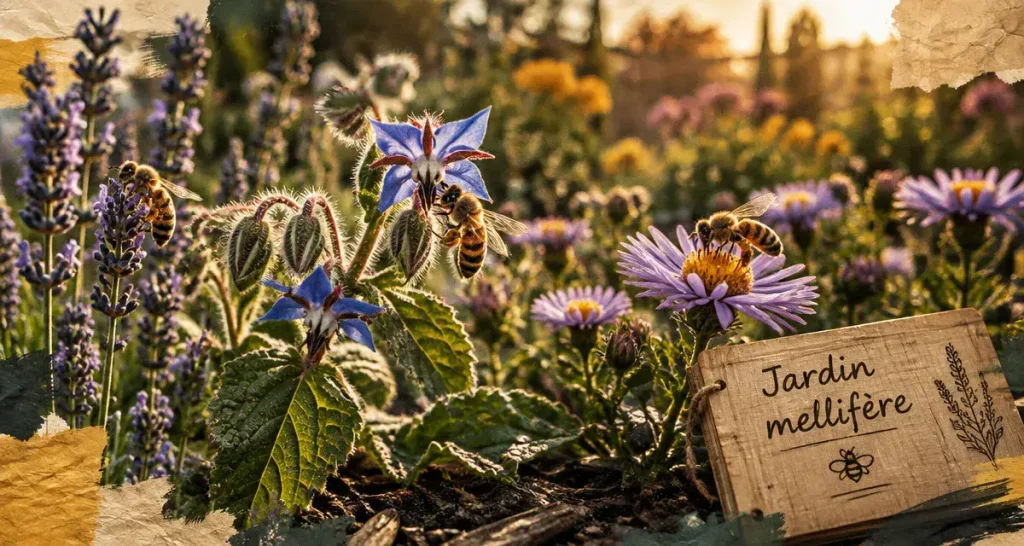 Plante mellifère : fleurs en floraison avec abeilles au jardin